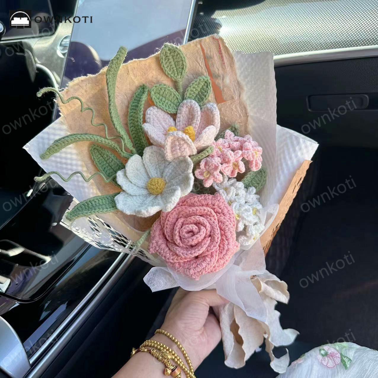 Handmade Knitted Crochet Rose Sunflower Bouquet