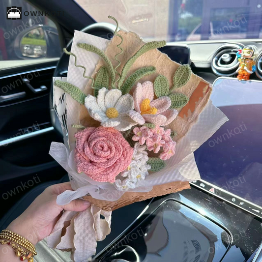 Handmade Knitted Crochet Rose Sunflower Bouquet