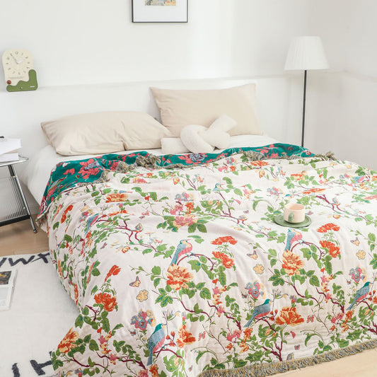 Cotton Gauze Peony Bird Reversible Quilt