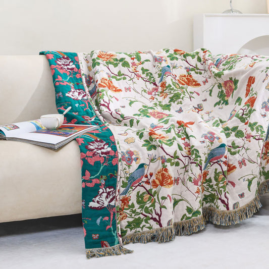 Cotton Gauze Peony Bird Reversible Sofa Blanket