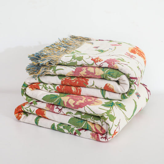 Cotton Gauze Peony Bird Reversible Sofa Blanket