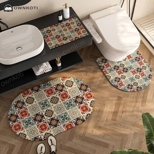 Vintage Geometric Plaid Pattern Diatom Mud Anti-slip Bath Mat