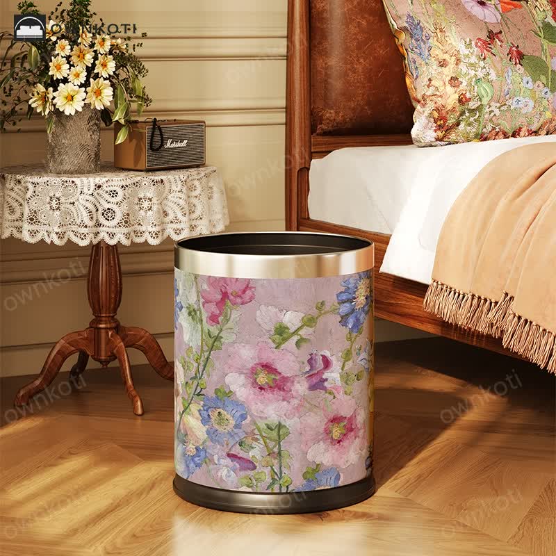 Oil Painting Style Floral Leather Trash Bin