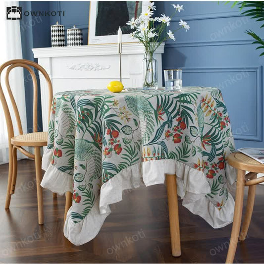 Pastoral Style Green Plant Print Round Ruffled Tablecloth