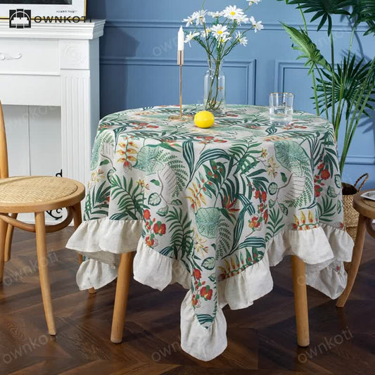 Pastoral Style Green Plant Print Round Ruffled Tablecloth
