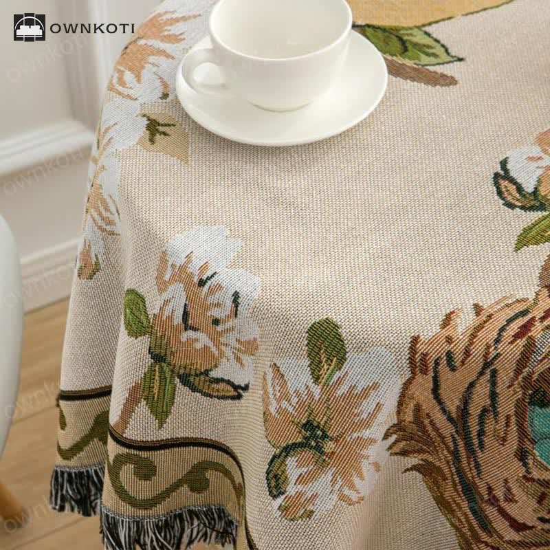 Rustic Pastoral Style Flower Bird Tassel Tablecloth