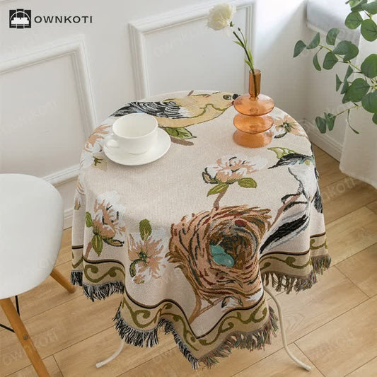 Rustic Pastoral Style Flower Bird Tassel Tablecloth