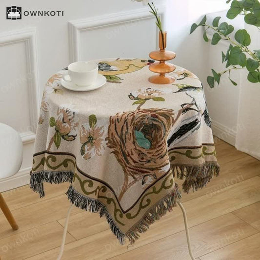 Rustic Pastoral Style Flower Bird Tassel Tablecloth