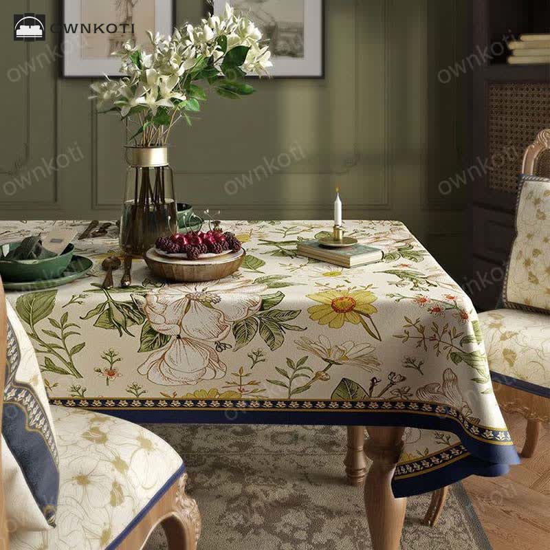 Retro Light Luxury Plant Flower Linen Tablecloth