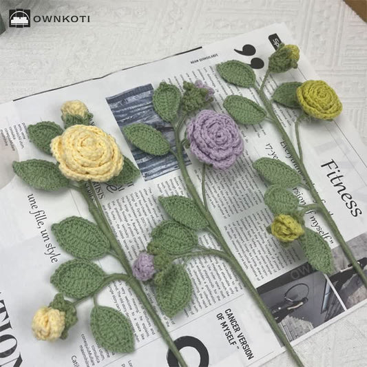 Handmade Knitted Crochet Camellia Flower Branch Bouquet