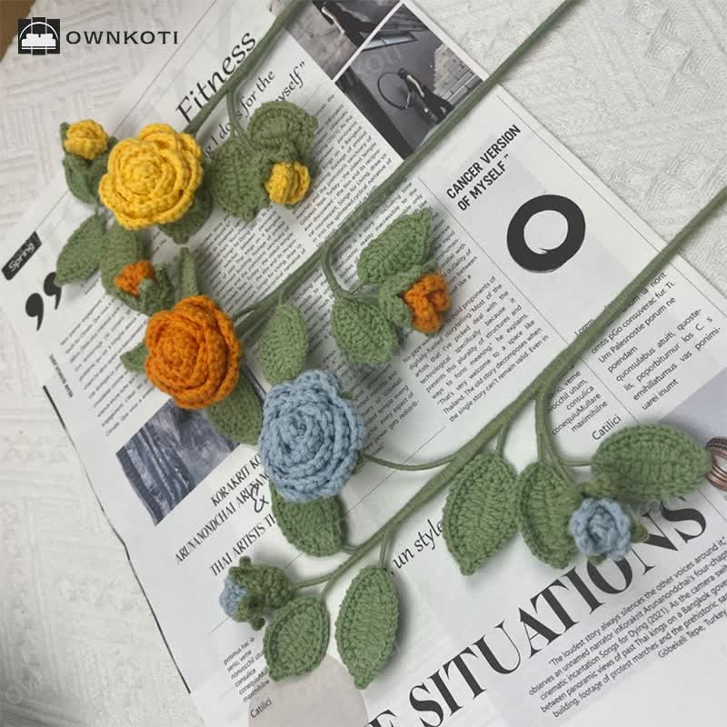 Handmade Knitted Crochet Camellia Flower Branch Bouquet