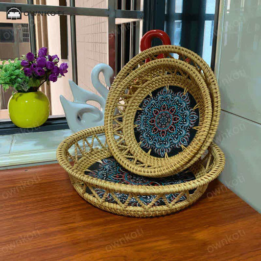 Boho Rattan Hand-painted Printed Fruit Basket Storage Basket