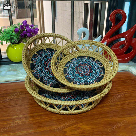 Boho Rattan Hand-painted Printed Fruit Basket Storage Basket