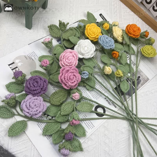 Handmade Knitted Crochet Camellia Flower Branch Bouquet