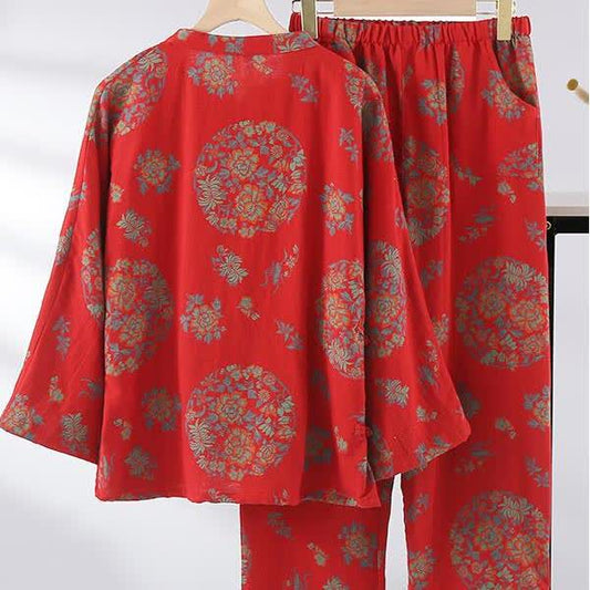 Frog Closure Floral Cotton Gauze Nightwear Set