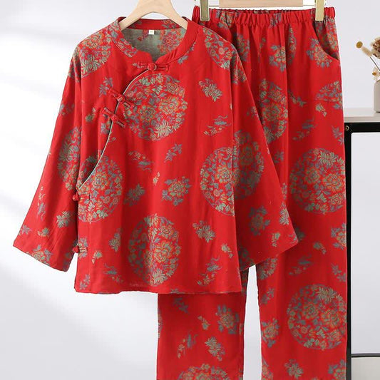 Frog Closure Floral Cotton Gauze Nightwear Set