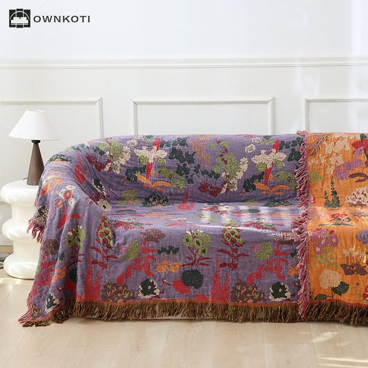 Vintage Floral Tassel Cotton Gauze Sofa Blanket