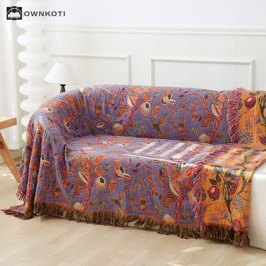 Floral Bird Tassel Cotton Gauze Sofa Blanket