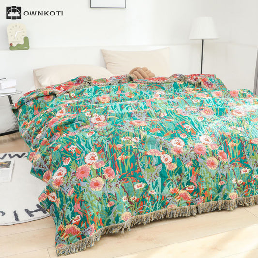 Tassel Reversible Cotton Gauze Floral Quilt