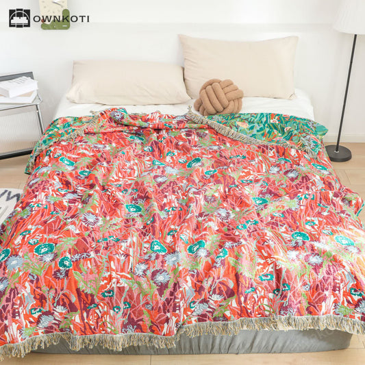 Tassel Reversible Cotton Gauze Floral Quilt
