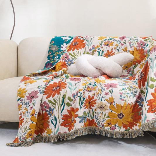 Bright Floral Reversible Tassel Cotton Gauze Blanket