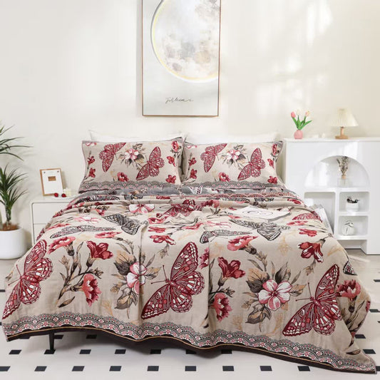 Butterfly Floral Cotton Gauze Reversible Quilt - Quilt with 2pcs Pillow Towels - Queen - image 0