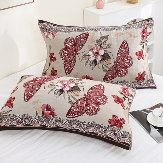 Butterfly Floral Cotton Gauze Reversible Quilt - 2pcs Pillow Towels - 20" x 30" - image 1