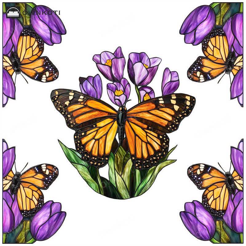 Floral Butterfly Stained Static Window Sticker