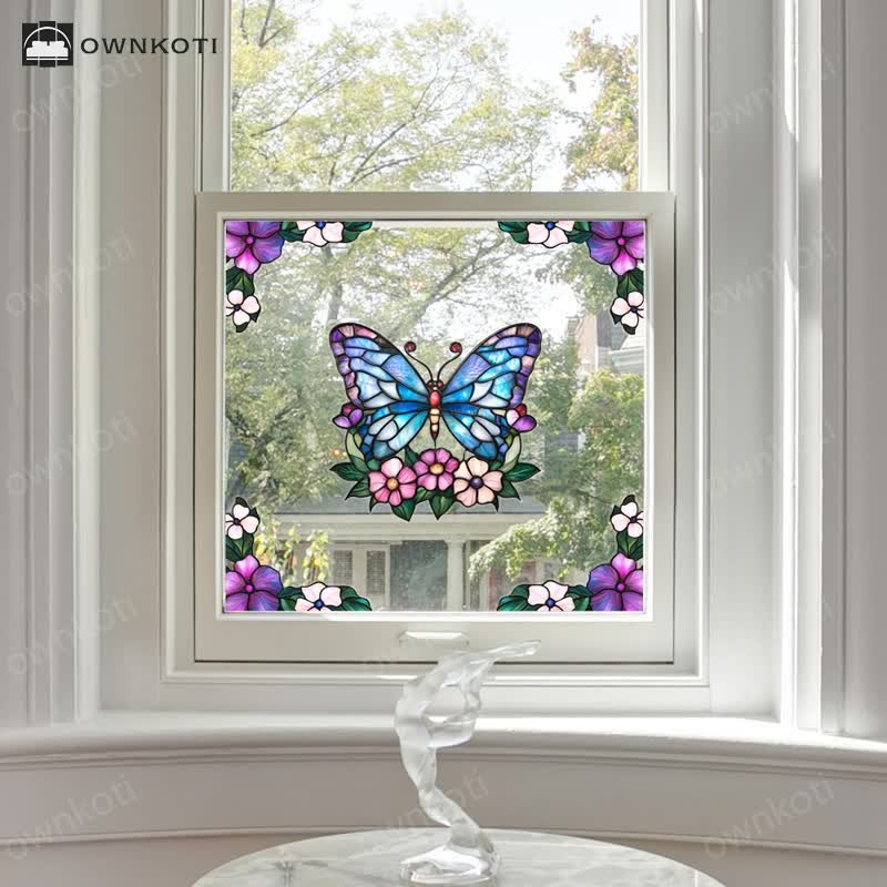 Floral Butterfly Stained Static Window Sticker