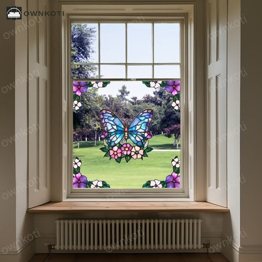 Floral Butterfly Stained Static Window Sticker