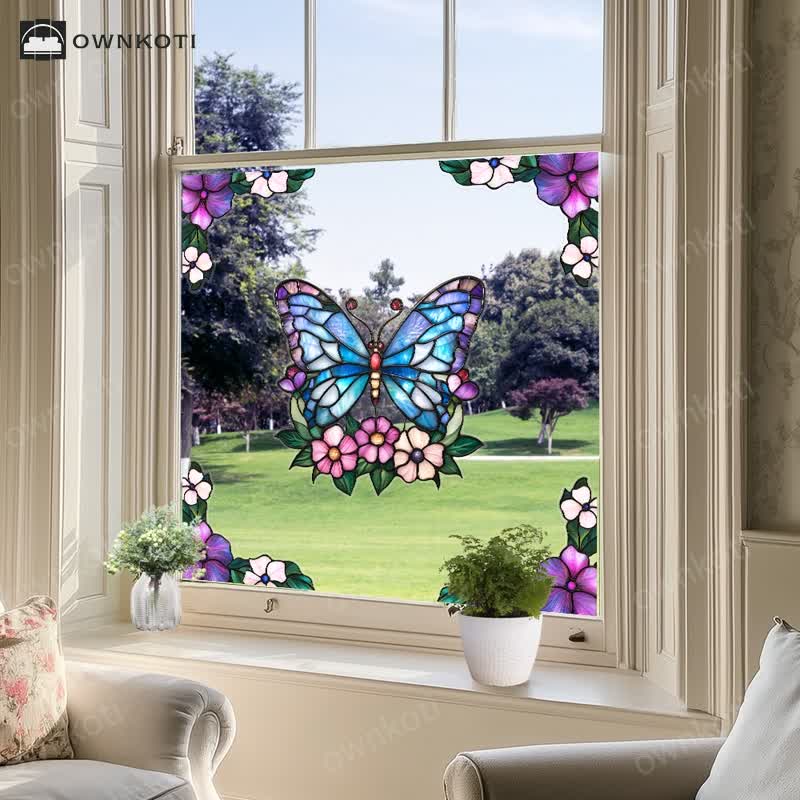 Floral Butterfly Stained Static Window Sticker