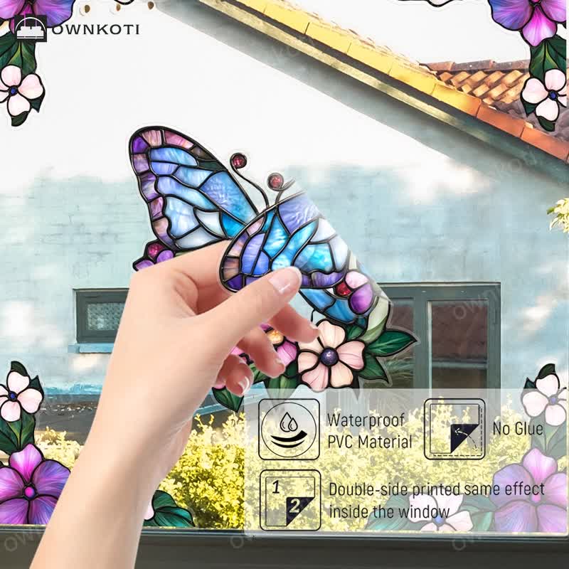 Floral Butterfly Stained Static Window Sticker