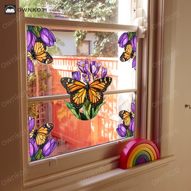 Floral Butterfly Stained Static Window Sticker