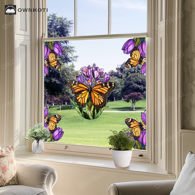 Floral Butterfly Stained Static Window Sticker
