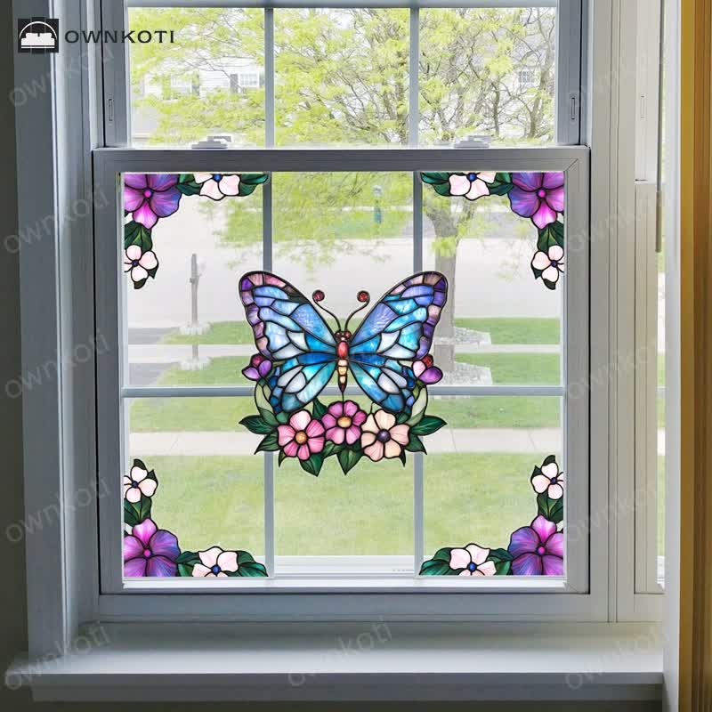 Floral Butterfly Stained Static Window Sticker