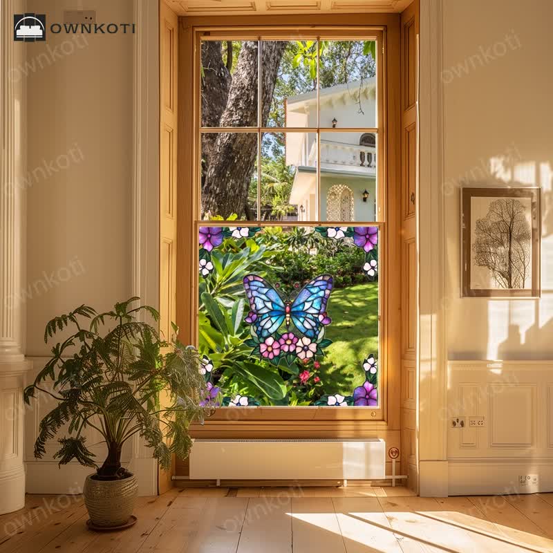 Floral Butterfly Stained Static Window Sticker