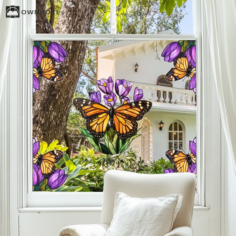 Floral Butterfly Stained Static Window Sticker