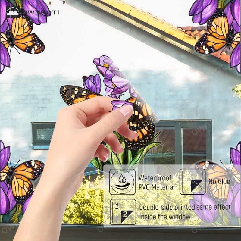 Floral Butterfly Stained Static Window Sticker