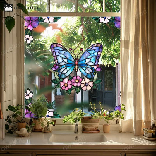 Floral Butterfly Stained Static Window Sticker