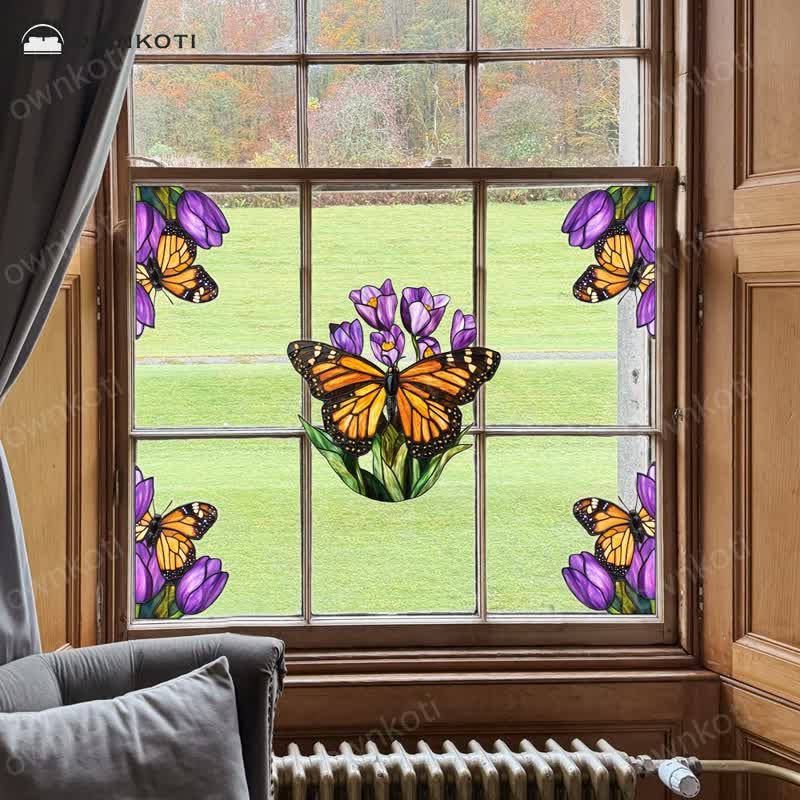 Floral Butterfly Stained Static Window Sticker
