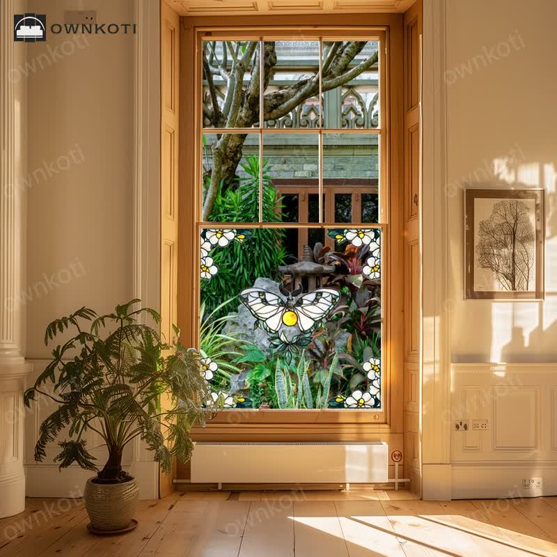 Floral Butterfly Stained Static Window Sticker