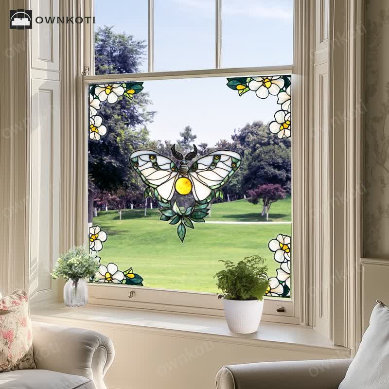 Floral Butterfly Stained Static Window Sticker