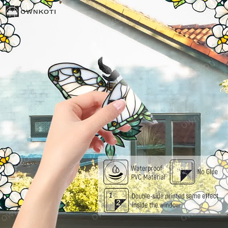 Floral Butterfly Stained Static Window Sticker