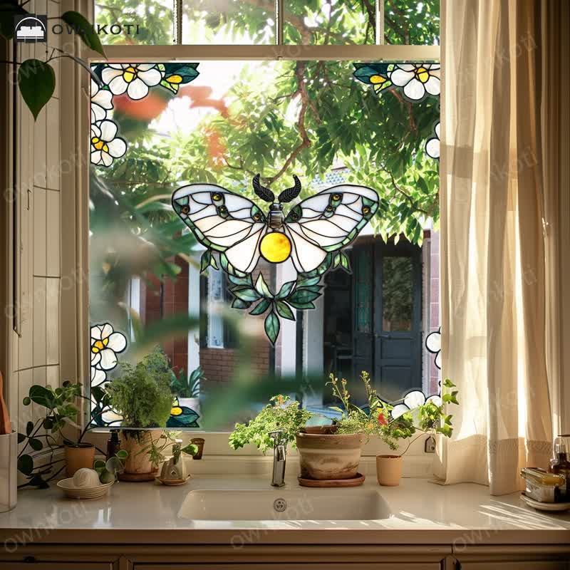 Floral Butterfly Stained Static Window Sticker
