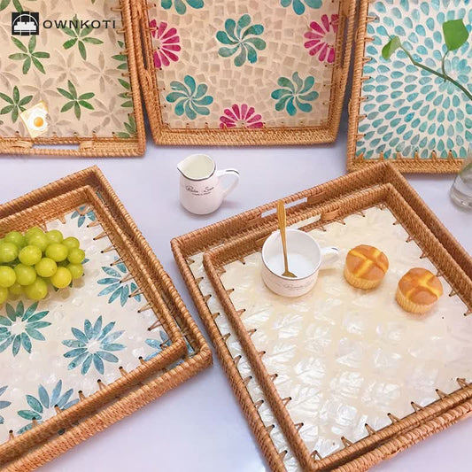 Square Rattan Shell Fruit Basket Dessert Tray