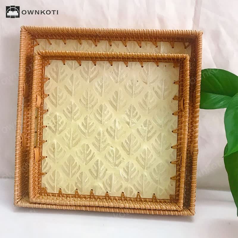 Square Rattan Shell Fruit Basket Dessert Tray