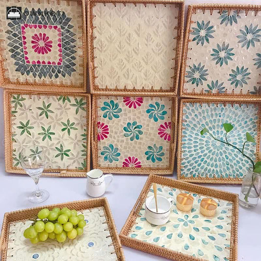 Square Rattan Shell Fruit Basket Dessert Tray