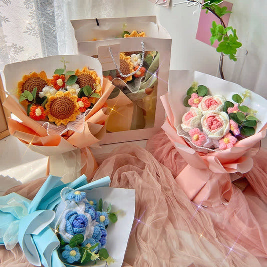 Creative Handmade Knitted Crochet Rose Bouquet