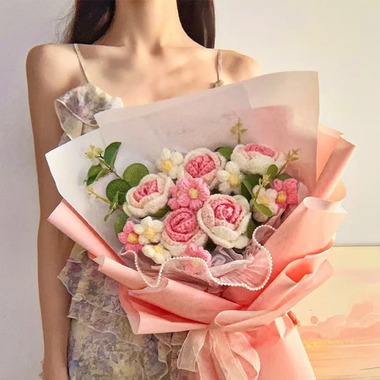 Creative Handmade Knitted Crochet Rose Bouquet