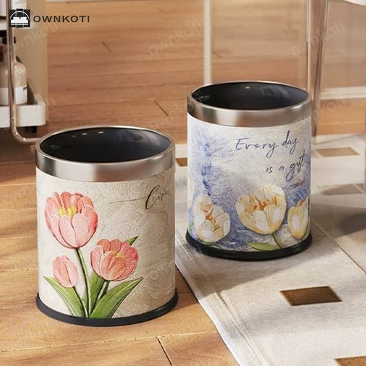 Double Layer Floral Leather Trash Bin